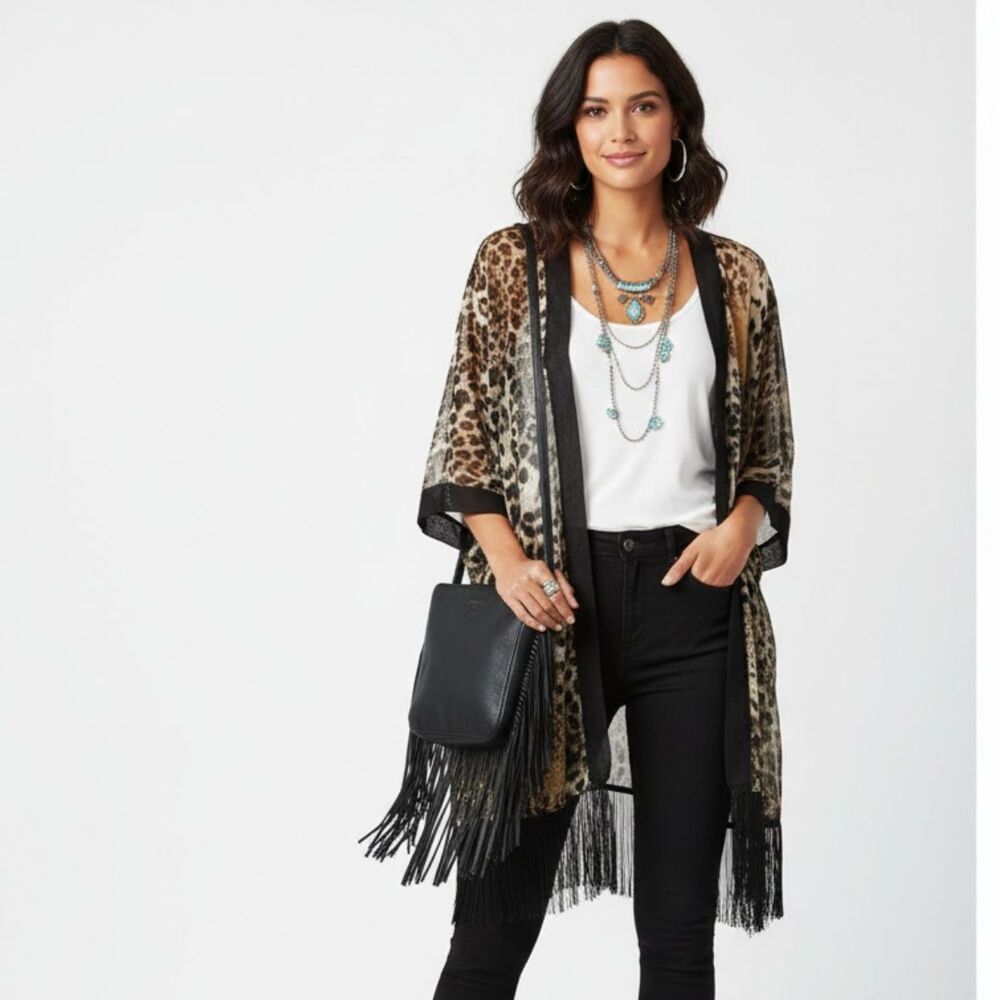 Buffalo Brown & Black Open Front Animal Print Fringe Short Sleeve Top XL